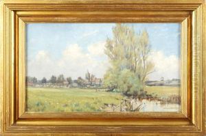 View Of Village And Church With River, Windmill In Background by Arthur Johnston Ryle