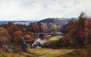 A Wooded River Landscape With Distant Stone Bridge by George Whitton Johnstone