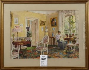 Interior Med Broderande Kvinna by Ellen Jolin