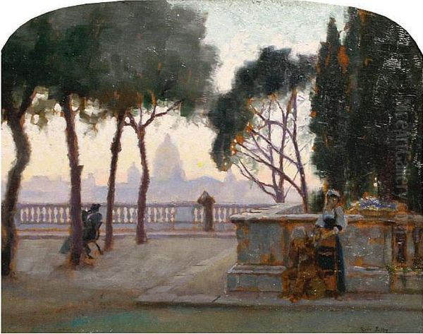 Figures On A Terrace Overlooking Rome Atsunset - view 1