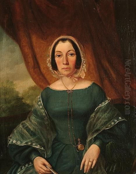 Portrait Of A Lady, Seated, Wearing A Blue Dress And Diaphanous Wrap; Portrait Of A Gentleman, Seated, Holding A Cane, A Landscape Beyond - view 1