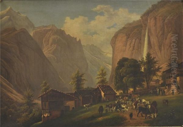 Blick Auf Alpendorf In Einer Schlucht Mit Bauern Und Groser Viehherde. - view 1