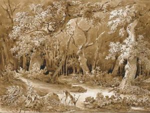Une Foret Avec Un Cerf S'abreuvant Dans Un Ruisseau by Alexis, Alexandre V. Joly