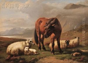 Highlands Landscape With Sheep And Pony Before A Loch by Adolphe Robert Jones