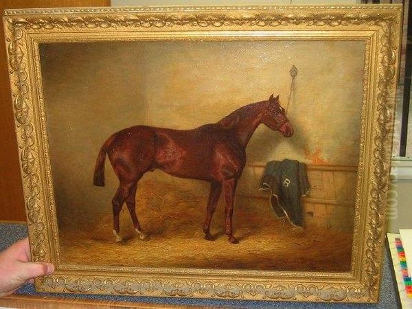 Chestnut Racehorse In A Stable Interior; And A Companion Pair, With Feed Bucket Marked - view 1