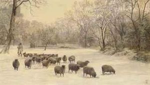A Shepherd And Flock In A Snowy Landscape A Shepherd And Flock In A Snowy Landscape