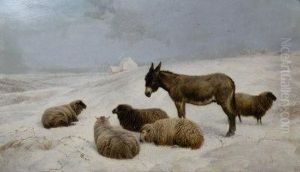 Sheep And A Donkey In A Winter Landscape by Charles Jones