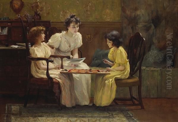 Young Girls Playing Checkers - view 1