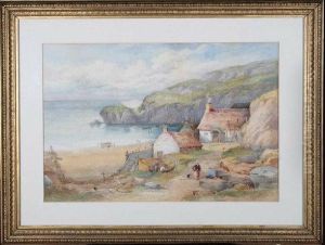 A Fishing Village In A Rocky Cove With Figures In The Foreground Repairing Nets by John Rock Jones