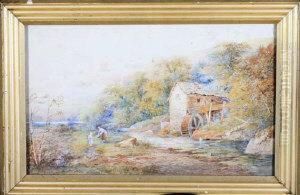 A Mother And Daughter Gathering Wild Flowers By A Watermill by John Rock Jones