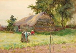 Figures Harvesting Lettuces; And Poultry Scratching Beneath A Crab-apple Tree by Maud Raphael Jones
