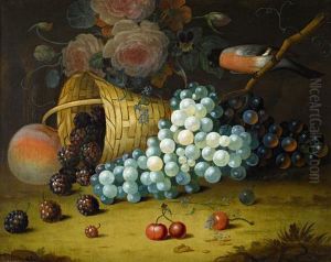 A Bullfinch On A Vine Branch With Bunches Of Red And White Grapes And An Overturned Basket Of Blackberries by William Jones Of Bath