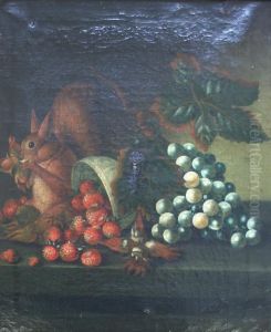 A Squirrel Eating Nuts By A Bowl Of Strawberries And Grapes by William Jones Of Bath