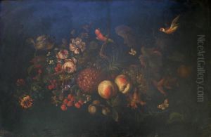 A Basket Of Summer Flowers With Summer Fruits by William Jones Of Bath