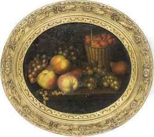 Grapes, Apples, Strawberries In A Basket And A Pear On Aledge by William Jones Of Bath