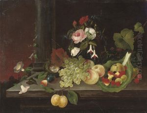 Grapes, Peaches, Strawberries, Cherries, Gooseberries, Greengagesand Convolvulus On A Stone Ledge, With A Bird's Nest And A Vase Ofroses, Carnations And Fuchsia by William Jones Of Bath