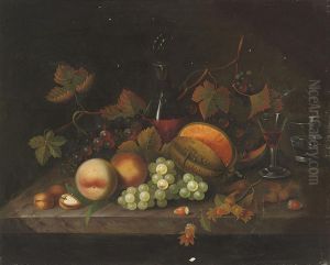 Peaches, Grapes And Hazlenuts On A Marble Ledge, With A Decanterand Glasses Of Wine And Water by William Jones Of Bath