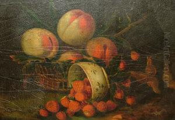 Strawberries And Beaches With A Bowl And A Basket And Peaches, Grapes And Strawberries On A Ledge - view 1