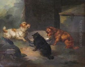 Three Terriers By A Barrel In A Barn by Paul Jones