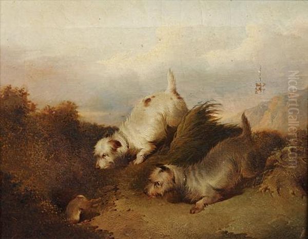 Terriers Chasing A Rabbit Down A Hole; And Spaniels Flushing Out A Duck, A Pair - view 1