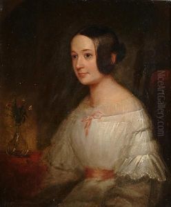 Portrait, Half Length, Of A Lady Wearing A White Dress With Pink Ribbon Trim