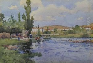 Figures By A River With A Village And Hills Inthe Distance by Reginald T. Jones