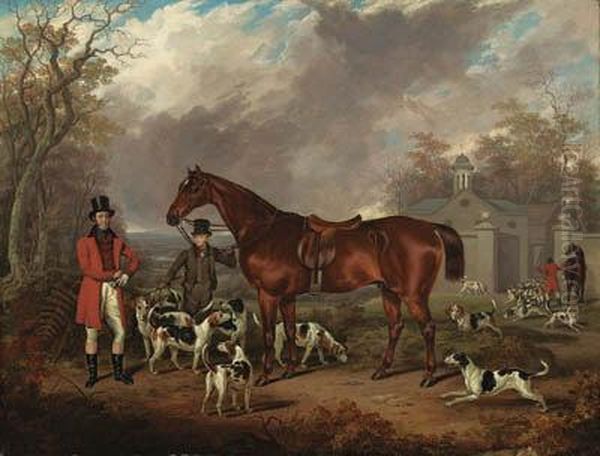 Going Out: A Gentleman With A Chestnut Hunter Held By A Groom, Withhounds At Woodfold Park, Near Blackburn, The Kennels Beyond - view 1