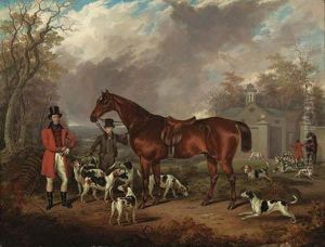 Going Out: A Gentleman With A Chestnut Hunter Held By A Groom, Withhounds At Woodfold Park, Near Blackburn, The Kennels Beyond