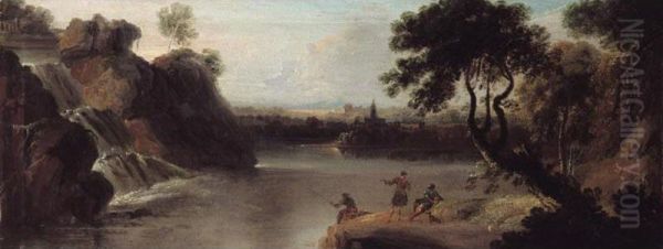 River Landscape With Seated Figures And A Waterfall - view 1
