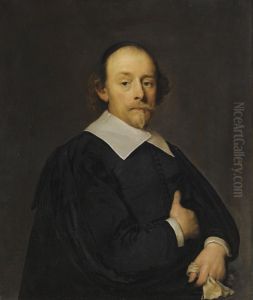A Portrait Of A Man In Black, Half Length, Holding A Pair Of Gloves by Cornelius Janssens Van Ceulen