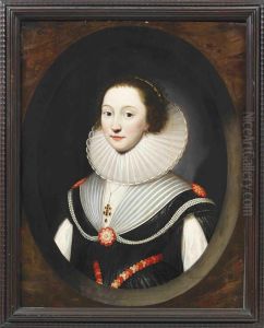 Portrait Of A Lady, Half-length, In A Black Dress And White Ruff And Jewelled Pendant, In A Feigned Marbled Oval
