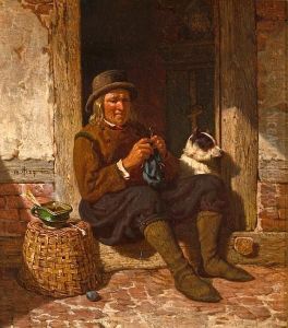 A Man Seated In A Doorway Knitting With Hisdog