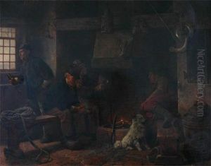 Interior, The Look Out Fisherman Cottage, Figures And Dog Around The Fire by Rudolf Jordan