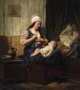 Young Mother With Her Peacefully Sleeping Child On Her Lap by Rudolf Jordan
