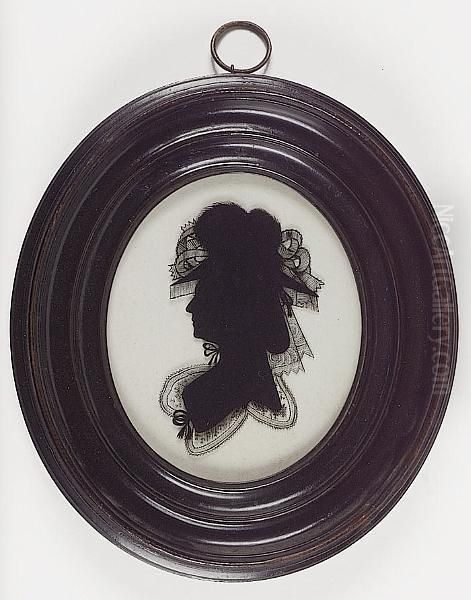 A Silhouette Of A Lady, Profile To The Left, Wearing Lace Collar, Her Large Outdoor Hat Adorned With Ribbons And Feathers, Her Hair Worn In A Banging Chignon - view 1