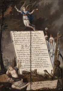 Allegorical Depiction Of A Dying Man Showna Board Inscribed With A Prayer by Auguste Joron
