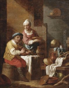 A Kitchen Interior With A Man Playing The Violin And A Woman Standing Beside Him