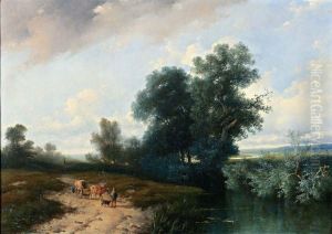 Weids Boomrijk Landschap, Op De Voorgrond Een Boer Met Ossekar by Antonius Josephus Madlener