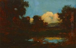 Pond In Atmospheric Autumn Landscape S L/r: A. Joullin O/wood Panel 5.75 X 9 by Amedee Joullin