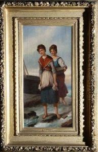 Two Belgian Fishergirls On A Rocky Shore by Laurent Bruno F. Jourdain