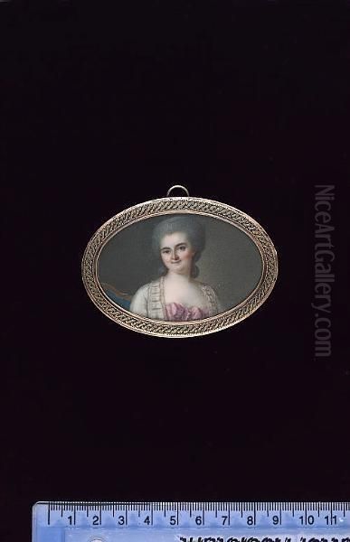 A Lady, Seated On A Blue Upholstered Chair, Wearing White Open Robe With Pleated Trim Over Pink Dress With Large Bow At Her Corsage And Powdered Wig. - view 1