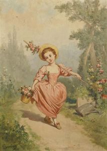 Bambina Con Cesto Di Fiori by Theodore Jourdan