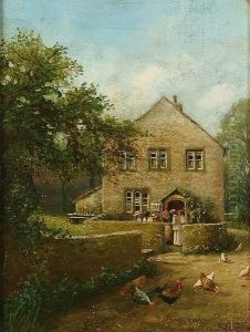 A Country House With Figures Outside, Chickens In The Foreground; And A Companion by Frank B. Jowett