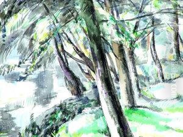 Woodland Scene; Black Chalk And Watercolour, 32.2x47cm: Together With Two Other Woodland Studies In Black Chalk And Watercolour By The Same Hand - view 1