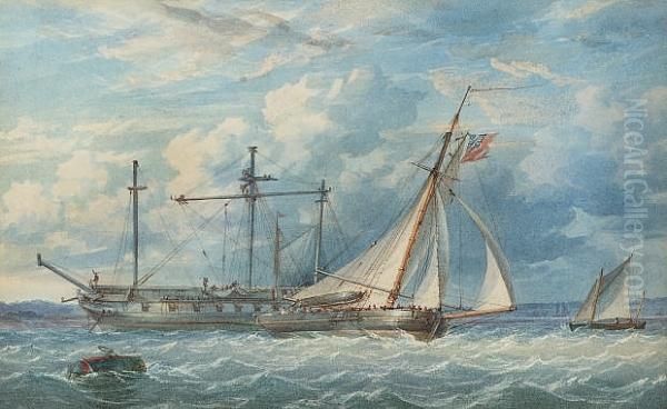 A Fast Cutter Running Inshore Past A Frigate Refitting For Sea - view 1