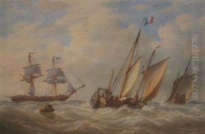 French Fishing Vessels And A Merchantman In Choppy Weather by Joy William & John