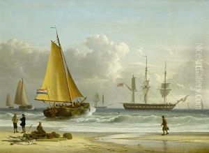 A Dutch Barge Pulling Away From The Beach And Making For An Anchored English Frigate Offshore