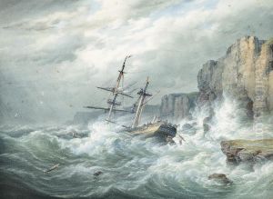 A Stiff Onshore Breeze With A Dismasted Merchantman Foundering On The Rocks by William Joy