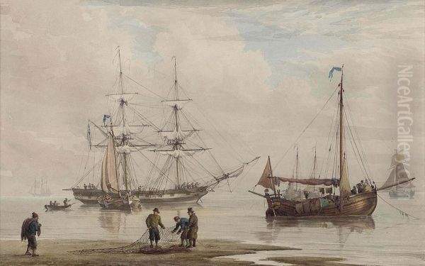 A Trading Brig Amidst Other Shipping At Anchor Offshore - view 1