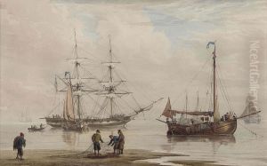 A Trading Brig Amidst Other Shipping At Anchor Offshore by William Joy